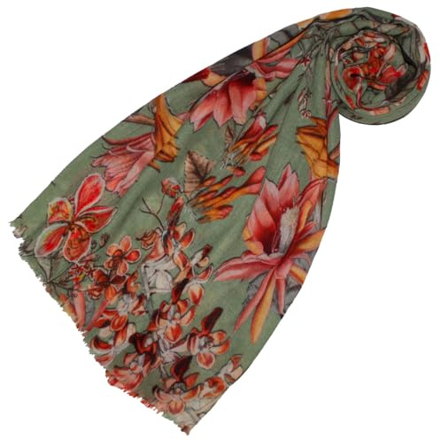 Lorenzo Cana - Damen Pashmina Schal Schaltuch aus weicher Wolle vom Merino Lamm Grün Blumen-Muster mehrfarbig 70 cm x 180 cm Wollschal Wolltuch 78663