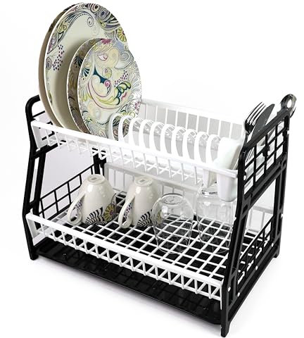 DIVCHI 2-Tier Dish Drying Rack Large Capacity Plastic Dish Drainer, Utensil Holder, Drain board - Kitchen Counter, Over Sink Organizer for Plates, Bowls, Cups (Black)