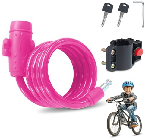 Fahrradschloss Kinder,PVC-Beschichtung, Kinderfahrrad schloss wasserdicht und rostfrei, Fahrradschloss Kinder mit Schlüssel, geeignet für Fahrräder, Skateboards usw (Rosa)