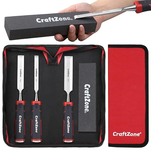 CraftZone 4-Piece Chisel & Sharpening Stone Set – 12mm, 19mm, 25mm Wood Chisels & 200mm (8) Sharpening Stone, CRV Steel, Machine Polished, Double-Sided, with Pouch