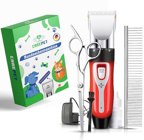CarePet® Premium Hundeschermaschine - Profi Schermaschine für Hunde Katzen - Geräuscharm Leise Schnurlosen Haarschneidemaschine Tierhaarschneidemaschine Elektrische Hundetrimmer (Rot)