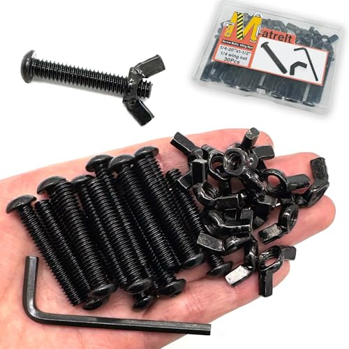 15 Sets Black 1/4-20 x1-1/2 Screw Bolts and Wing Nut Kit 15pcs Machine Screws with Button Head Socket Cap 15pcs Butterfly Hand Twist Tighten Nut Hardware Fitting Fasteners with Hex Key Assortment Kit