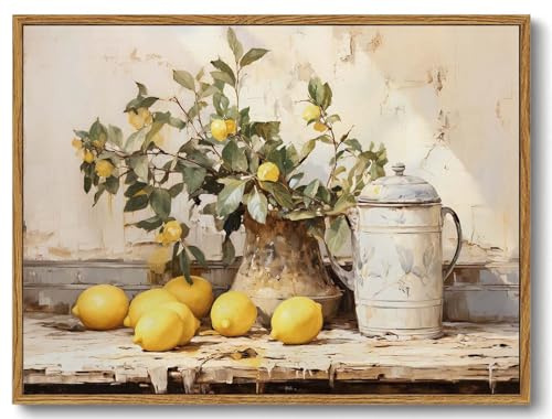 XLARTMY Framed Vintage Kitchen Wall Art, Yellow Lemon Still Life Wall Art Oil Paintings, Rustic Farmhouse Artwork Canvas Posters Prints Pictures for Living Room Bedroom 8x10In