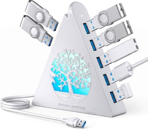 JoyReken 7-Port USB 3.0 Hub, White Vertical USB Hub Splitter with Tree-Shaped RGB Lighting, 5Gbps High-Speed Transfer, 2FT Extension Cable, Compatible with PC, MacBook, Laptop, Flash Drive, Printer