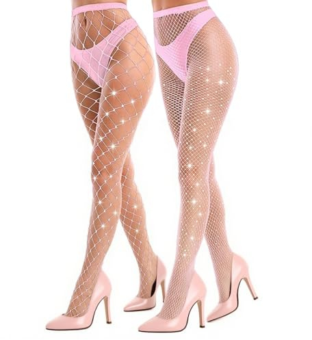 SNDE Nätstrumpbyxor rosa, fisknätstrumpbyxor glitter, elastiska hög midja, strumpbyxor, nätstrumpor, fisknätsstrumpor för kvinnor (2 st stort nät + litet nät)