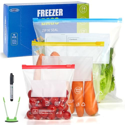 Cliphair 75PCS Reusable Freezer Bags, 3 Size Zip Lock Bags for Food Storage Fruits, Meats, Vegetables, Snacks - Sandwich Bags with Expandable Bottom