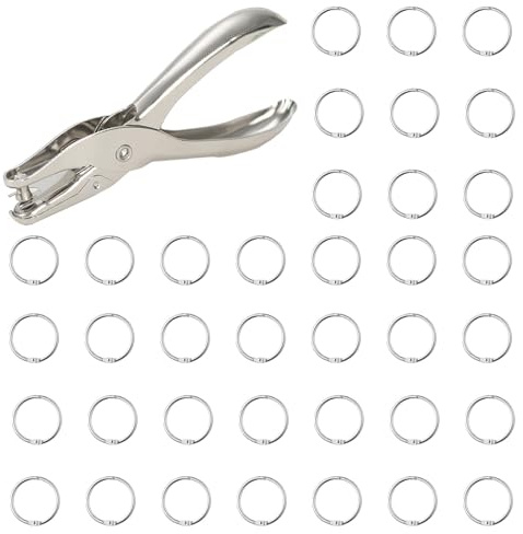 ZhouWei 6 mm Foratrice per Carta con 30 Pezzi 25 mm Anelli Rilegatura, Perforatore a Pinza Perforatrice Carta Singolo Anello per Libri in Metallo Perforatrice Fogli A4, per Documenti Quaderni Cartelle