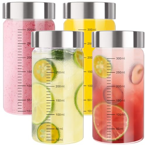 FoiiLiio 4pcs Botellas de Cristal para Zumo con Tapas,Botes Pequeños de Cristal de 300ml,botellas de jugo de vidrio de con tapas,Botellas de Vidrio Vacías para Jugo,Batidos,Smoothie