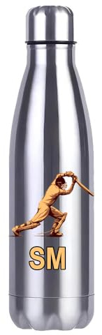 Personalised Custom Water Bottle Insulated Stainless Steel Sports Drinks (Silver, Cricket Player)