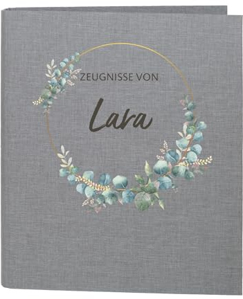 Striefchen® Zeugnismappe personalisiert mit Name – Leinenstoff – 5 Farben zur Auswahl – Eukalyptuskranz Motiv – DIN A4-4-Ring-Ordner für Schüler, Studenten, Abiturienten, Schulzeugnisse (Grau)