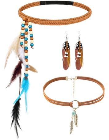 HUKUMA Boho-Kopfschmuck Damen, Hippie Schmuck Accessoires, Vintage Boho Stirnband mit Federn, Haarband Ohrringe Lederhalskette Leder-Armband,für Karneval, Fasching, Hippie Schmuck