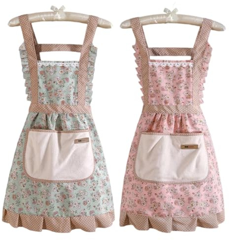SongBuydn 2er Set Kochschürzen Mit Taschen, Kochschürze Damen, Kittelschürze Damen, Schürze Frau Für Küche, Restaurant, Café, Kochen, Backen, Gartenarbeit, Kunsthandwerk, Pink Und Grün