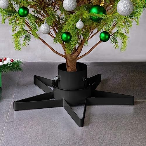 Support pour Sapin de Noël Noir en Métal avec Réservoir d'eau, Pied en Forme d'Étoile, pour Arbre Naturel Jusqu'à 2,1 m, 47x47x13.5 cm