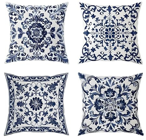 Hopomoon Fundas de cojín con Bordado Azul, 45 x 45 cm, Juego de 4. Fundas de cojín con Exclusivo Estampado Porcelana para decoración Moderna China, rústica y mediterránea