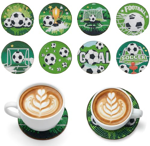 8 Stück Diamond Painting Untersetzer mit Halter, Diamant-Maluntersetzer Mit Ständer, Diamond Painting Fußball, Coole Deko für Fußball-Fans, für Tassen, Vasen und Heimküche, Weihnachten Geschenk