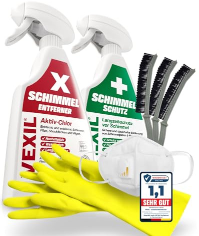VEXIL Profi Schimmel Komplett-Set – Schimmelentferner & Schimmelschutz – inkl. Handschuhe, FFP3 Maske & 3 Fugenbürsten – Schimmel entfernen & bis zu 18 Monate vorbeugen – 2x 500 ml – Made in Germany