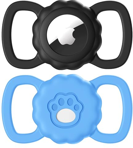 Maledan 2 Pack Collier Chien Airtag Compatible avec Apple AirTag, Le traqueur GPS avec localisation - Boîtier de Protection en Silicone avec Motif Patte pour Traqueur GPS, Noir+Bleu Ciel
