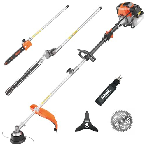 WORKIT 5-in-1 Petrol Garden Multi-Tool, 52cc 2-Stroke Gas Grass Trimmer 18, Hedge Trimmer, Chainsaw & Extension Pole – Easy Start System, Quick Attachment Change, Adjustable Harness Included