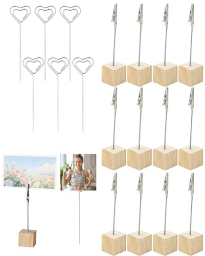 DASHUI 18 Stück Fotohalter mit Klammern, Kartenhalter in Herzform, Fotoständer, Memo Clip Halter, Foto Halter, Fotoaufsteller Tisch Holz