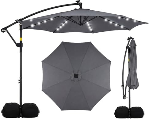 RELAX4LIFE Parasol Déporté 3x3M avec LED Solaire, Parasol de Jardin Extérieur Rotatif à 360°, 8 Branches, Base Croisée et 2 Sacs de Sable pour Jardin, Terrasse et Piscine (Gris)