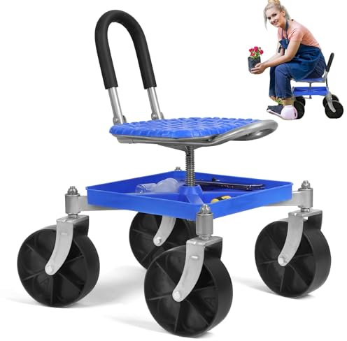 Sun Bling Rolling Garden Seat, Utility Garden Stool with Flat Wheels, Foldable Lazy Garden Seat Stool, Picking Rotary Tool Cart with Storage Shelf, Adjustable Height (Blue B)