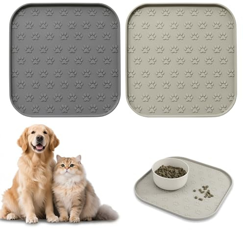2 Stück Napfunterlage Silikon, 27cm Quadrat Hundenapf Unterlage Wasserfeste | Katzen Futtermatte Silikonmatte mit Rand Haustierfutter Matte für Mittlere und Kleine Haustiere