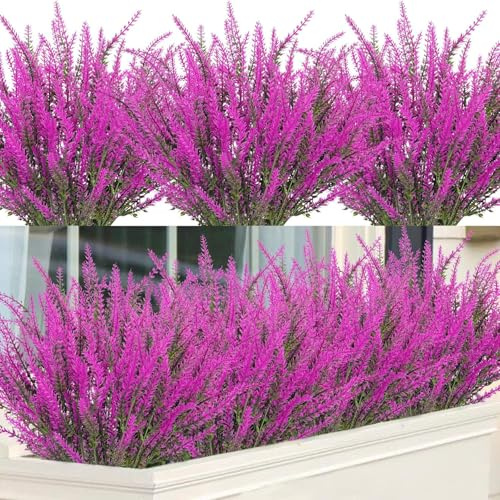 Titifeya 10 Bundles Artificial Lavender Flowers, UV Resistant Fake Fuchsia Lavender Plants, Faux Plastic Greenery Stems for Indoor Outdoor Home Garden Window Box Wedding Decor