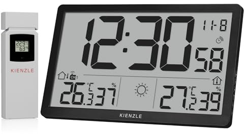 Kienzle Jumbo NEO LCD Wetter Wanduhr schwarz mit XXL Display Außensensor | Innen und Außentemperatur, Luftfeuchtigkeit, Wettervorhersage, Luftdruck, DCF Zeit, Wecker, Max Min Speicher, 80 m
