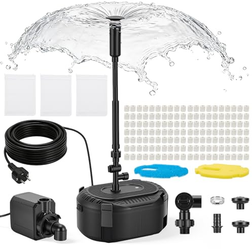 Yigowyigo Pompe de bassin avec filtre 3000 l/h - Kit complet de filtre de bassin avec pompe 40 W, 3 buses à ressort (cloche/volcan/marguerites), filtration à plusieurs niveaux pour eau claire - Pompe