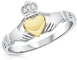 DTPsilver® Anillo Claddagh de plata de ley 925, amor, lealtad y amistad, corazón chapado en oro amarillo o rosa, con o sin nudo celta de la trinidad, Plata de ley