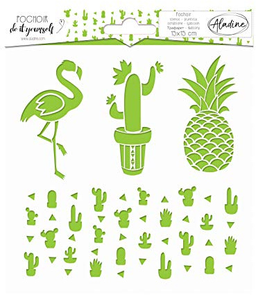 Aladine - Pochoir DIY Cactus - Scrapbooking, Décoration et Carterie Créative - Lavable - 15 x 15 cm - Motifs Cactus, Ananas, Flamant Rose et Frise Cactus