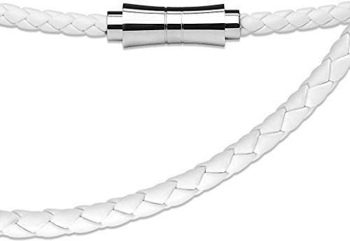 BlackAmazement Leder Kette Band Halskette 4 mm weiß schwarz Magnetverschluss Herren Damen (Weiß)