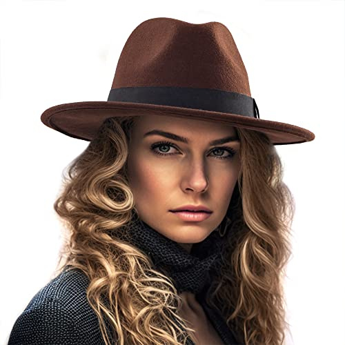 Felt Wide Brim Fedora Hats for Women Men, Adjustable (100% Wool, Coffee)