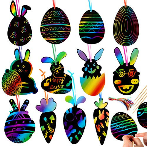Wishstar Ostern Kratzbild,Kratzpapier Bastelset 36 Stück,Oster Kaninchen Karottenei Scratching Painting,Kann für Osterdekoration