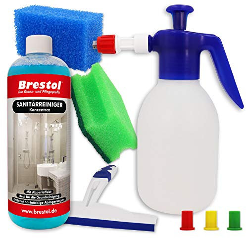 BADREINIGER POWER 1000 ml Konzentrat + Brestol FOAM MASTER SET - mit Abperl-Effekt Grundreinigung Kalklöser Fliesenreiniger Duschkabinenreiniger Kalkentferner WC-Reiniger Sanitärreiniger