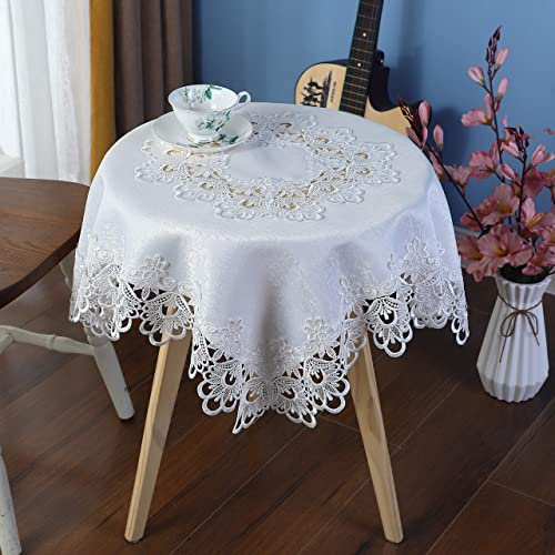 Inmerget Kleine quadratische weiße Tischdecke mit Spitzen-Ende Tischabdeckung für Hochzeit Party Zuhause Küche Wohnzimmer Dekoration 85 x 85 cm