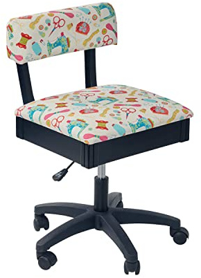 Sewing Online Hydraulischer Nähstuhl mit Stauraum unter dem Sitz, in Weiß und mit Stoffbezug mit Nähzubehör-Design und schwarzem Holzgestell – Lendenwirbelstütze, Hebemechanismus, 5-Stern-Fuß, 360°