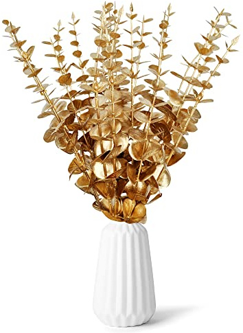 ROLLWAY 20 Stück Künstliche Eukalyptus Gold, weihnachtsdeko Zweig Deko | Eucalyptus Tischdeko gold, Künstliche Zweige Weihnachten Goldene Blätter Kunstzweige für DIY Wohnzimmer Party Deko Geschenk