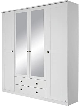 Rauch Möbel ROSENHEIM, Kleiderschrank, Farbe Weiß, Breite 181 cm | Schrank im Landhausstil, 4-türig, Spiegel, 2 Schubladen, für Schlafzimmer, Kinderzimmer, Wohnzimmer, Garderobe, Flur