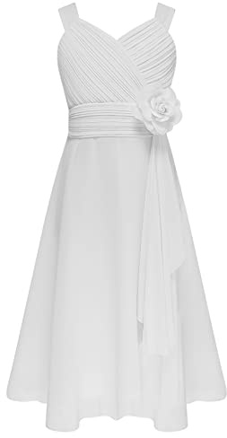 ranrann Robe Cérémonie Fille Enfant avec Fleur Style Bohème sans Manches A Blanc 15-16 Ans
