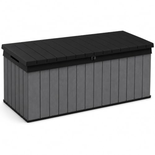 Koll Living Auflagenbox/Kissenbox Darwin l 100% Wasserdicht l mit Belüftung dadurch kein übler Geruch/Schimmel l Moderne Holzoptik l Deckel belastbar bis 300 KG (2 Personen) (Graphit, 380 Liter)