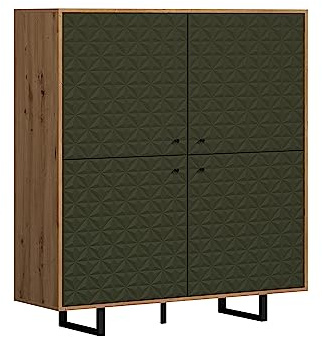 trendteam smart living - Sentra - Highboard - Dunkelgrün/Artisan Eiche - Wohnzimmerschrank mit gefrästen Türen - (BxHxT) 124 x 136 x 40 cm - Metallfüße - kratzfest | B 124 x H 136 x T 40 cm · Soft-Close-Dämpfer · 12 cm Metallbeine · 4 Türen, 4 Einlegeböden