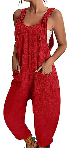 BRONG Salopette da Donna Tuta con Tasca Casual Sciolti Estate Pagliaccetto Senza Maniche con Le Spalline Salopette Regolabile Pantaloni con Pettorina Rosso XXL