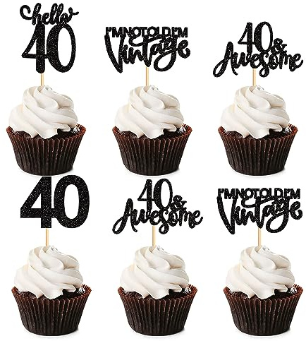 Blumomon 24 Pack 40th Happy Birthday Cupcake Toppers Black Glitter 40th Birthday Cupcake Toppers Cake Decoration for Birthday Party Decoration Supplies Anniversary Cake Topper