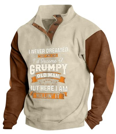 Pullover Für Herren Stehkragen Mit Knöpfen Pullis Sweatshirts Ethnischer Retro Druck Top T-Shirts Für Herren Passform Herren Hoodie Freizeit Sweater Mode Hemden Oberteils Sweatjacke(6-Beige,M)