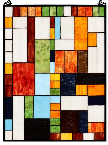Bieye Geometric Color Block Tiffany Style Stained Glass Window Panel with Hanging Chain (18x25 inches W10092)