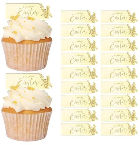 URROMA Rabbit Happy Easter Cupcake Toppers, 30pcs Rectangle Gold Cake Topper Easter Cake Topper Acrylic Cake Party Rabbit Decorations for Easter Day
