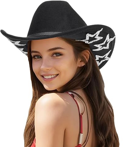 Chapeau de cow-boy pour femmes, paillettes, chapeau de cow-boy classique western avec strass, chapeau en feutre pour les soirées en discothèque et les activités en plein air, Noir-1, M