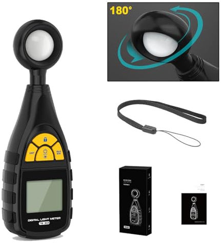 Digitales Lichtmessgerät, 180° drehbares Design,TE301,digitales Beleuchtungsstärke-Lichtmessgerät,Thermometer,Photometer,FC-Luxmeter,0–200.000Lux mit Max./Min.-Wert,Datenspeicherung,Einheitenschalter