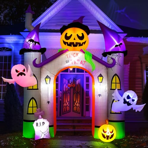Arco inflable gigante de castillo de calabaza de Halloween de 11 pies con luces LED fantasma y truco o trato 2025 para exteriores, arco de casa embrujada para patio exterior, césped, patio, decoración